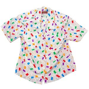 Worthington Vintage 80s Geometric Confetti Print Short Sleeve Blouse Womens 10
